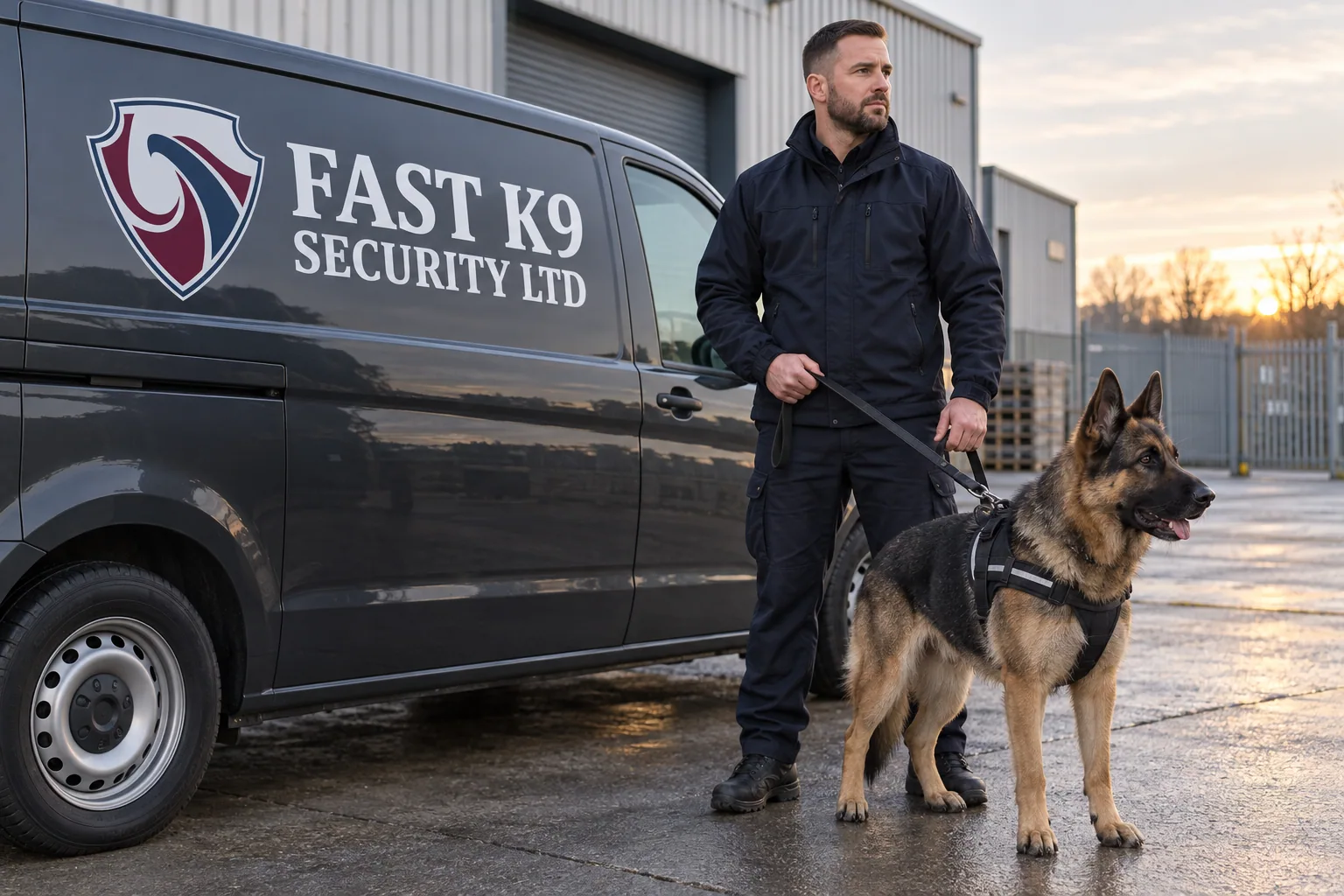 Illustration of a handler and security dog